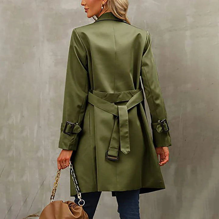 Back view of army green trench coat with tie belt
