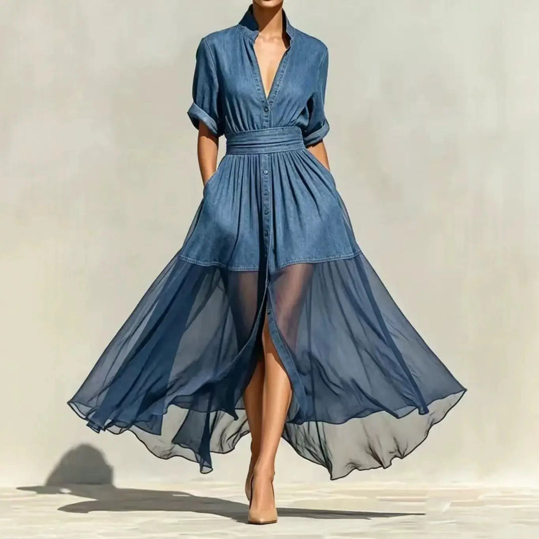 Lysara Chiffon Denim Maxi Dress