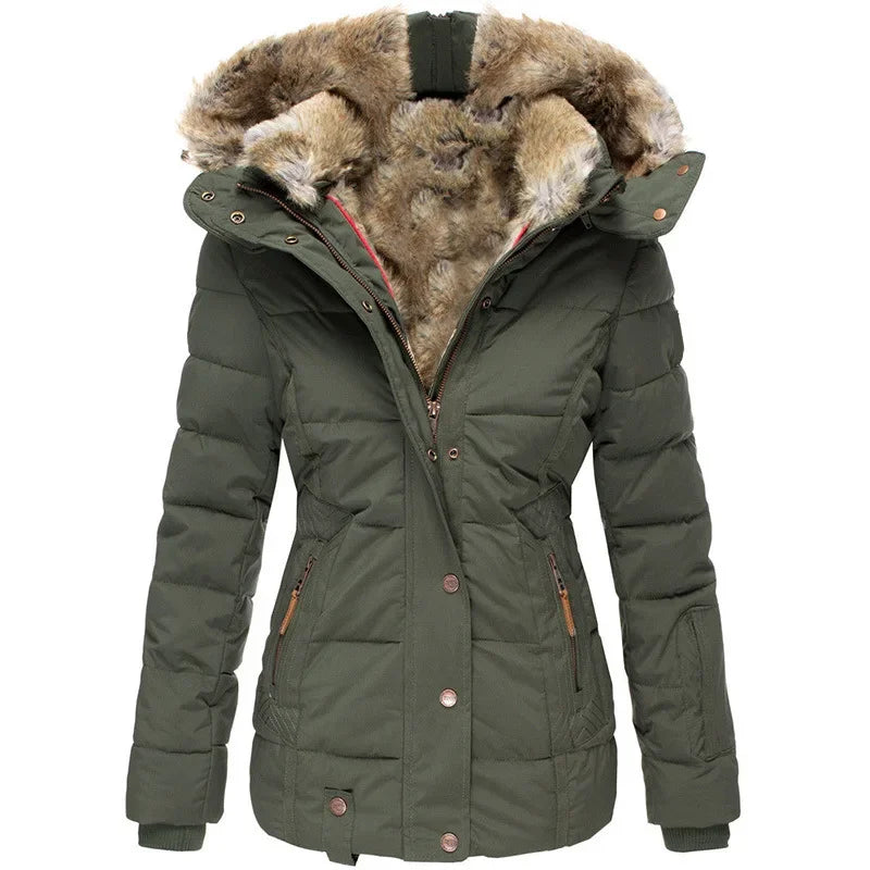 Army green quilted puffer jacket with faux fur hood, front view