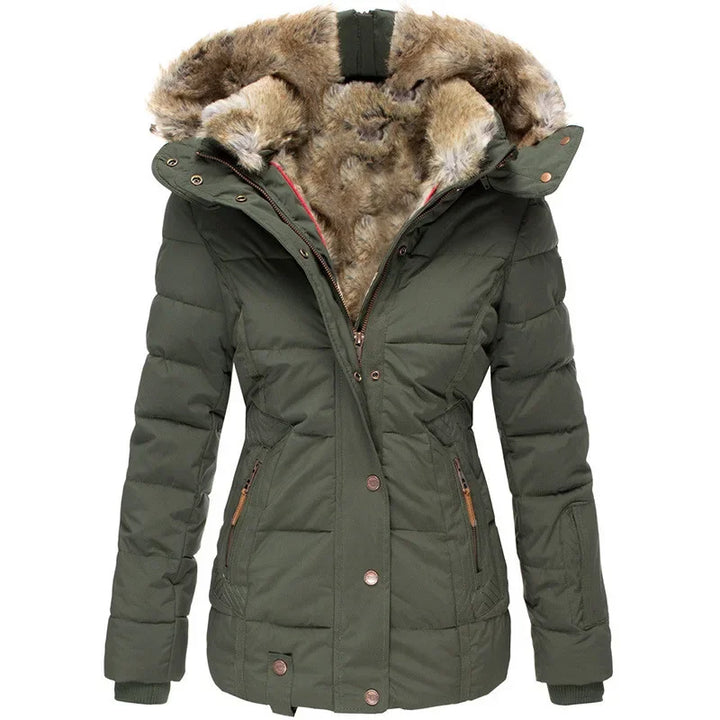 Army green quilted puffer jacket with faux fur hood, front view