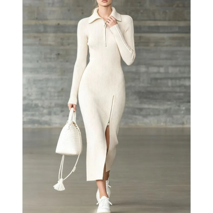 Creamy-white ribbed knit sweater dress with quarter-zip collar