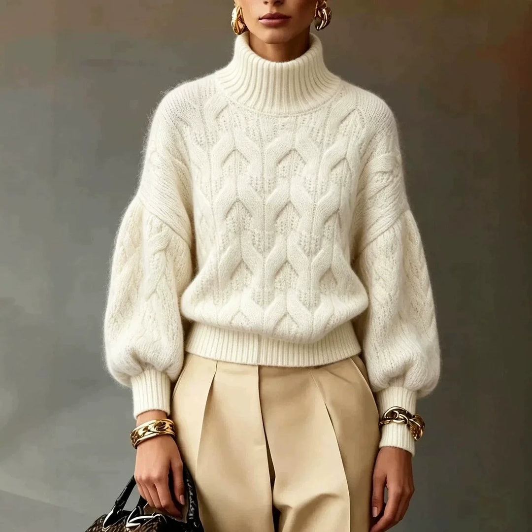 Ivory cable knit turtleneck sweater with lantern sleeves