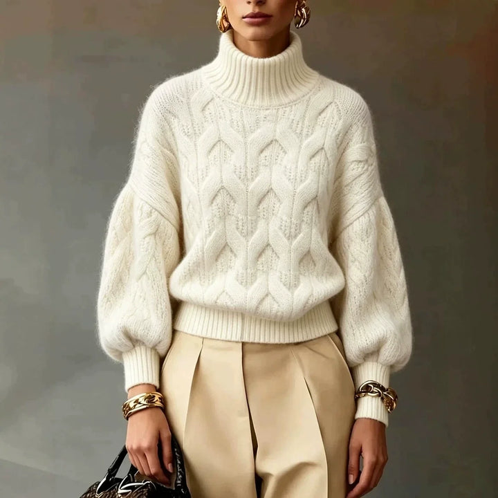Ivory cable knit turtleneck sweater with lantern sleeves
