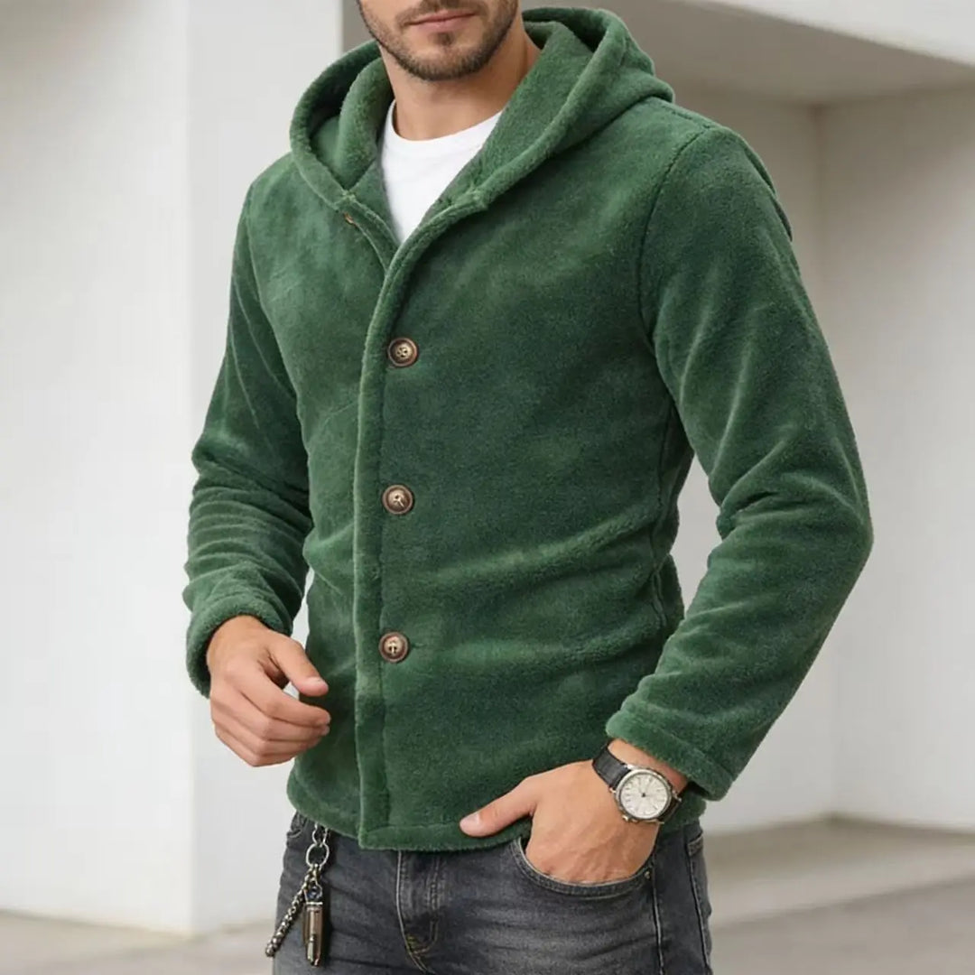 Man wearing army green brushed fleece hooded jacket with button front