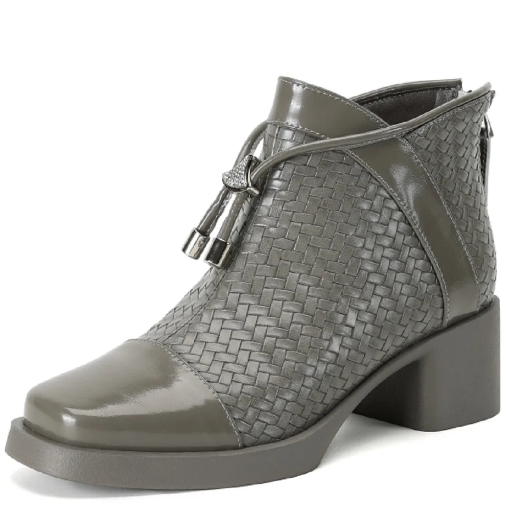 Grey woven ankle boot with square toe and block heel, side view
