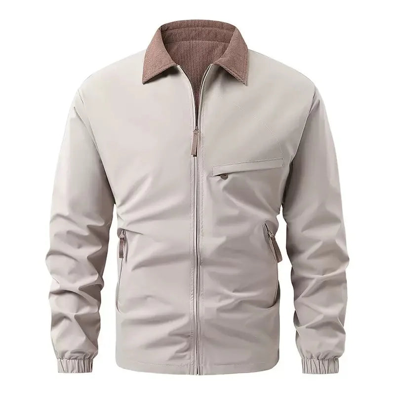 Beige jacket with corduroy collar, front view, zipped