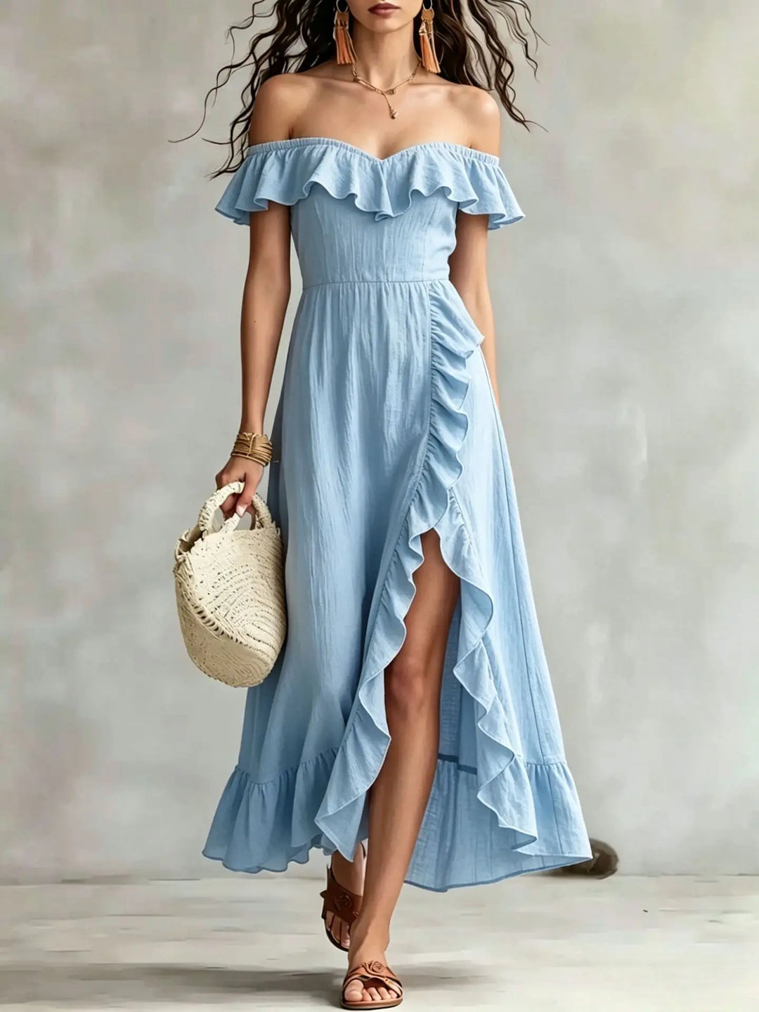 Isabella Off Shoulder Split Hem Maxi Dress