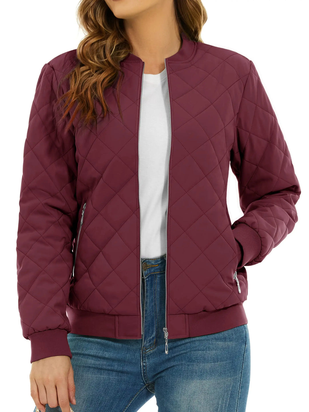 Close up of wine red quilted bomber jacket with zip pocket