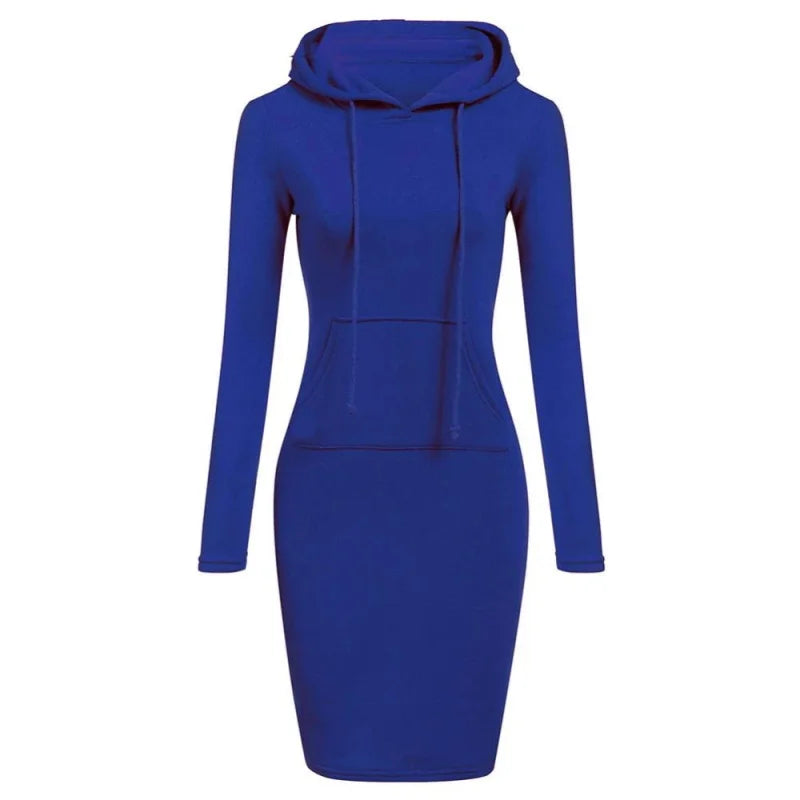 Blue hooded sweatshirt dress front view