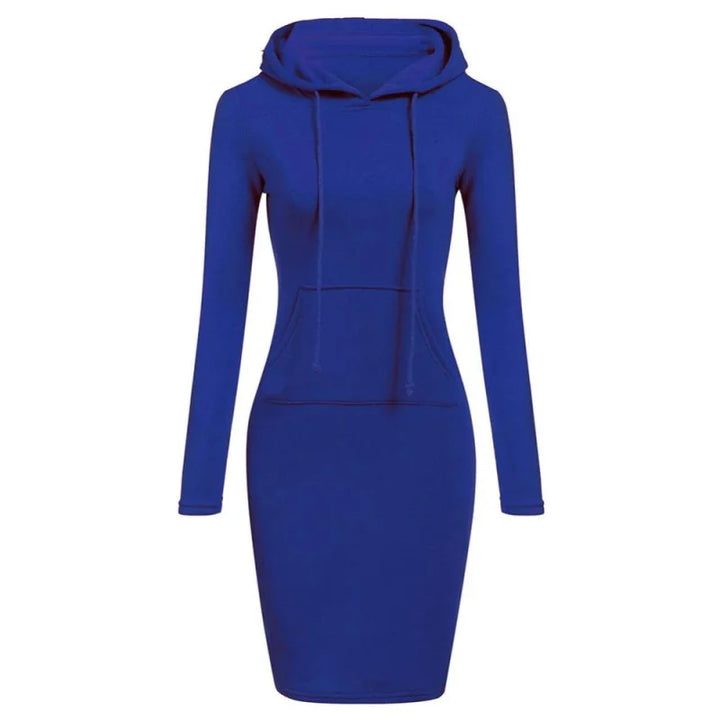 Blue hooded sweatshirt dress front view