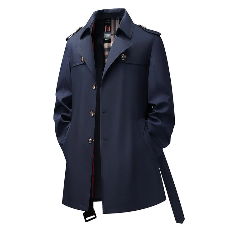 Navy blue single breasted trench coat with notched lapel and tie belt