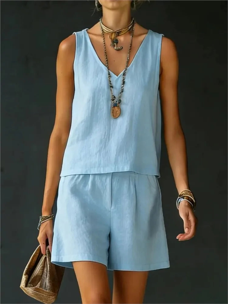 Yasmine Sleeveless V Neck Short Set