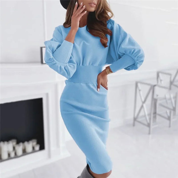 Blue lantern sleeve bodycon midi dress, front view