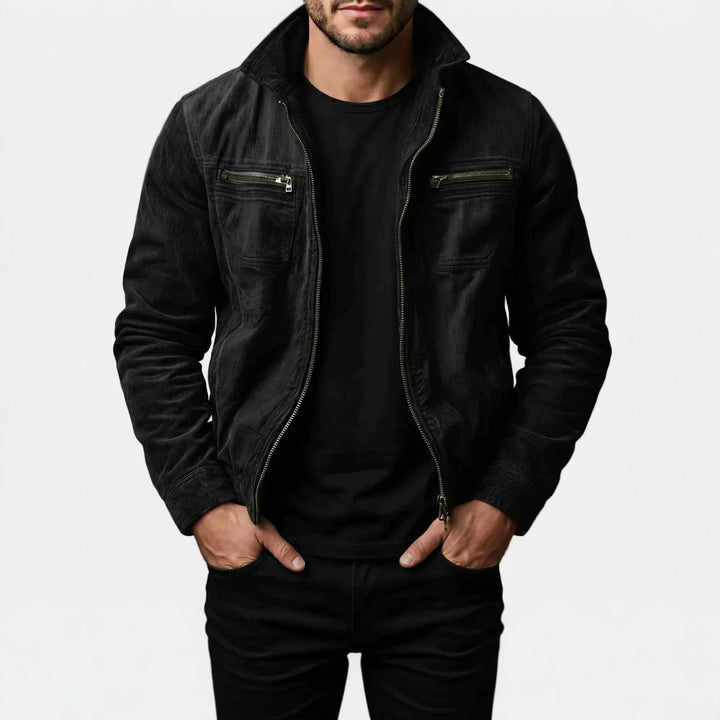 Man wearing black corduroy moto jacket, front view