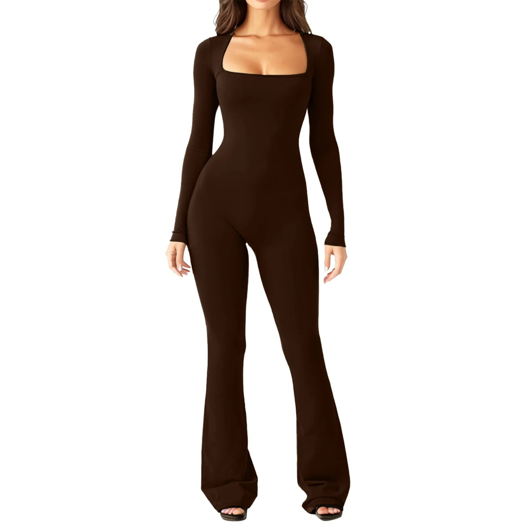 Dark coffee square neck fitted jumpsuit with flared wide leg pants, front view