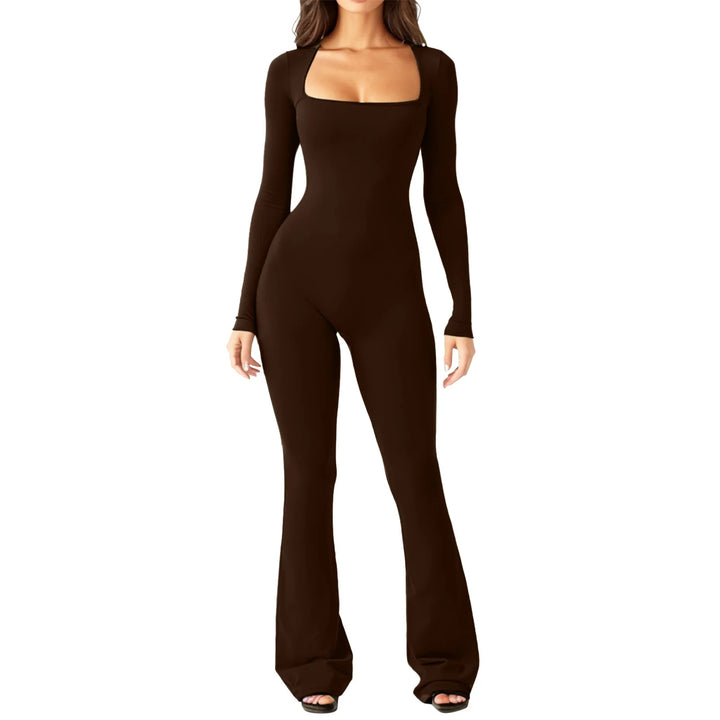 Dark coffee square neck fitted jumpsuit with flared wide leg pants, front view