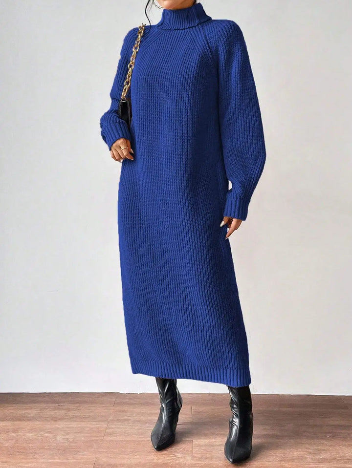 Royal blue ribbed knit turtleneck maxi sweater dress, front view