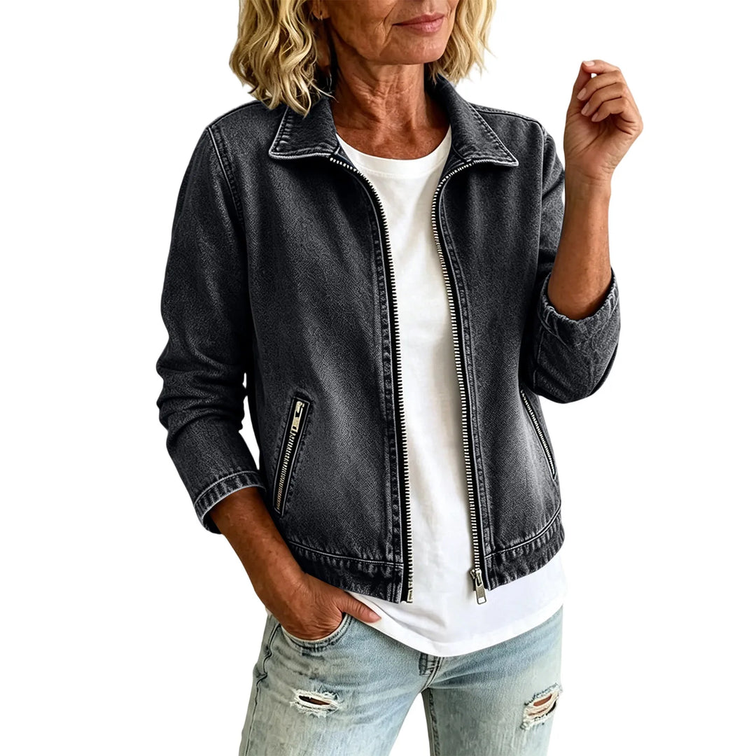 Gray denim jacket with turn down collar on white background