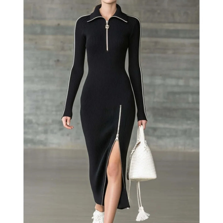 Black ribbed knit sweater dress with quarter-zip collar and side slit