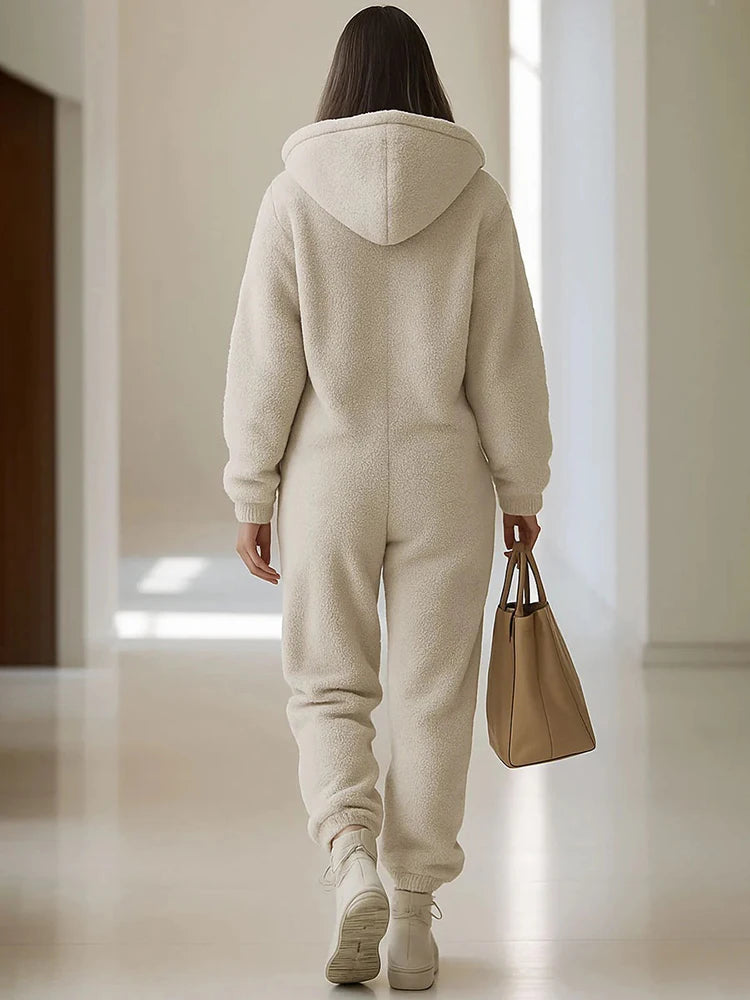 Back view of cream sherpa hooded jumpsuit
