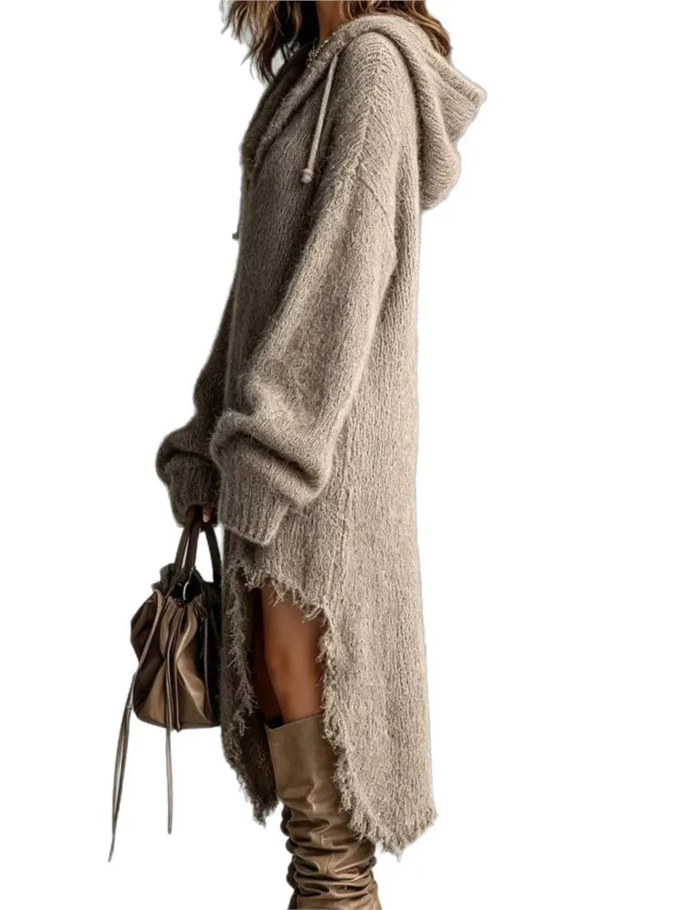 Khaki hooded sweater dress, side profile view