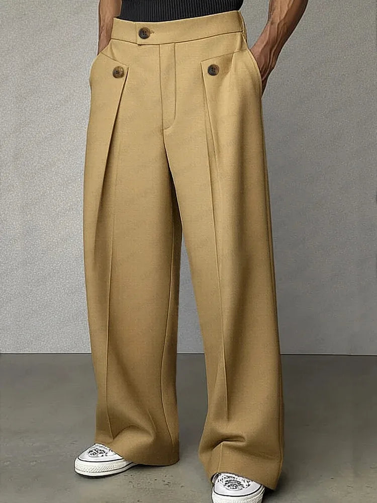 Camel wide leg trousers with pleated pocket detail, front view