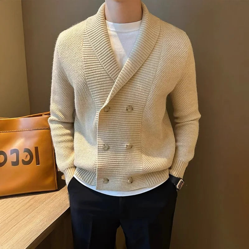 Man wearing khaki double breasted shawl collar cardigan