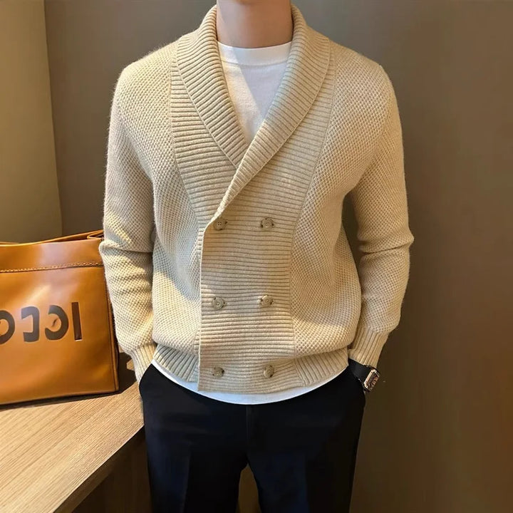 Man wearing khaki double breasted shawl collar cardigan