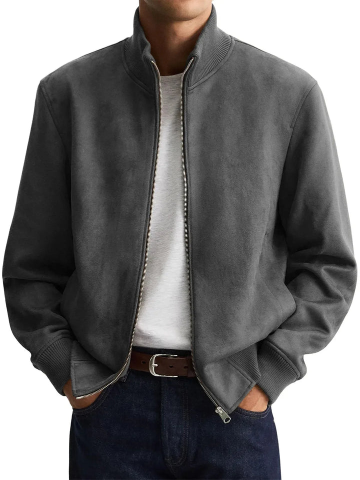 Man wearing gray suede-look bomber jacket with full front zip