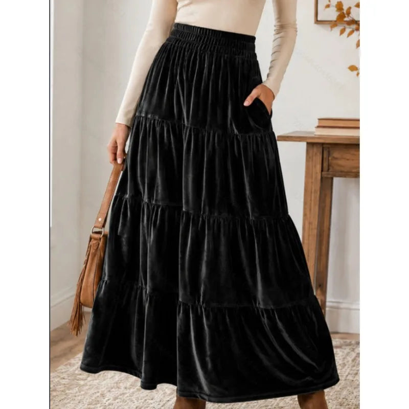 Black velvet tiered maxi skirt, front view