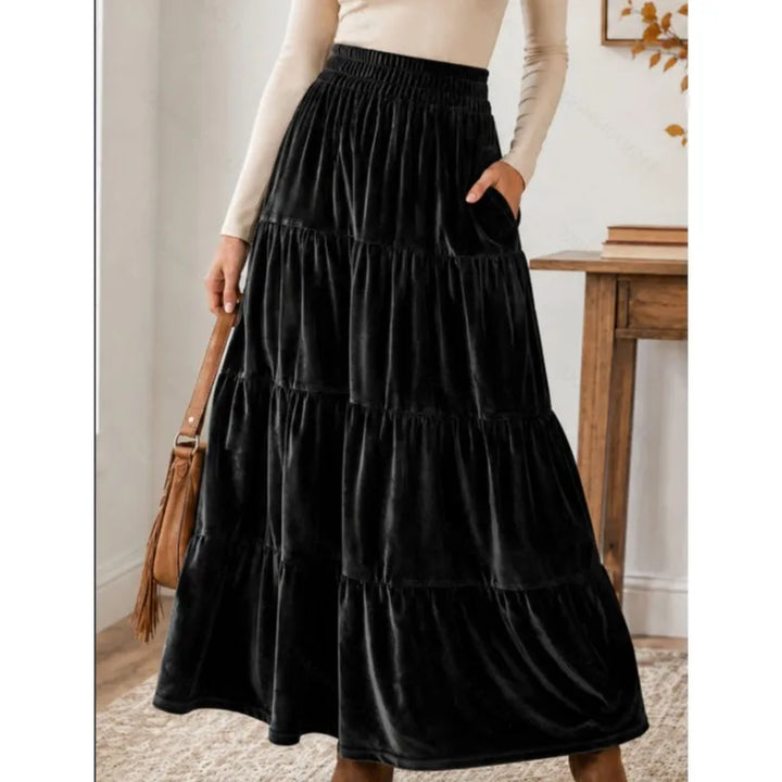 Black velvet tiered maxi skirt, front view