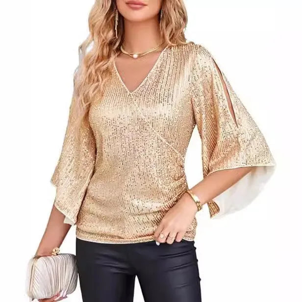 Golden sequin wrap blouse with split bell sleeves, front view