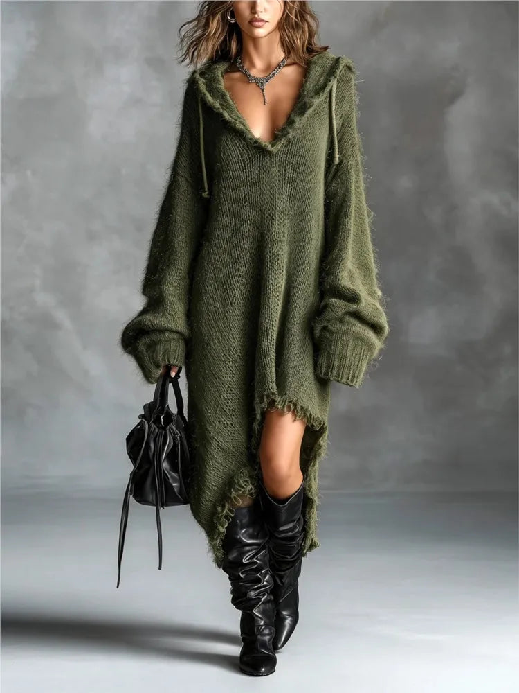 Army green hooded sweater dress, front view