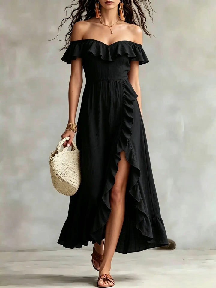 Isabella Off Shoulder Split Hem Maxi Dress