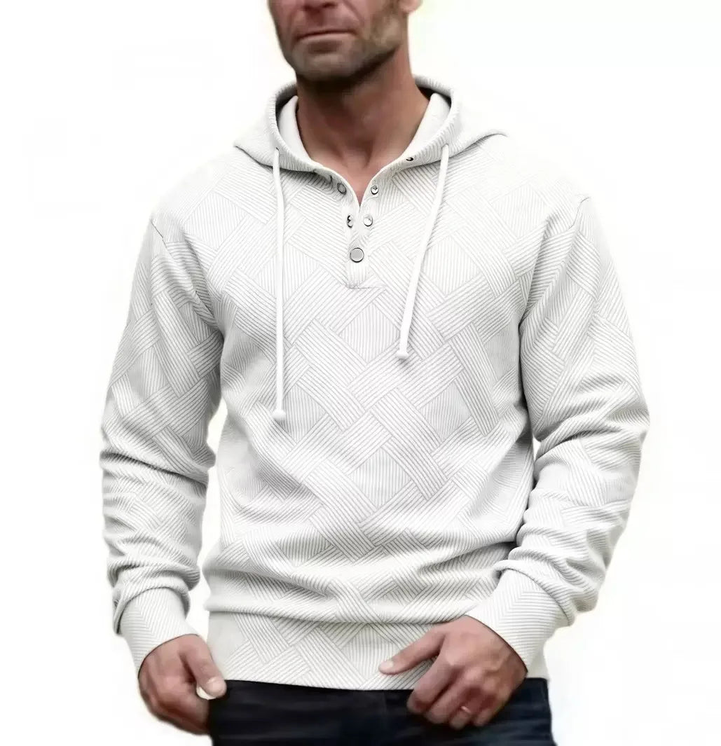 Man wearing white textured knit hoodie with snap button placket
