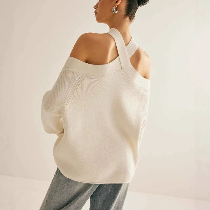Back view of white cold shoulder halter sweater