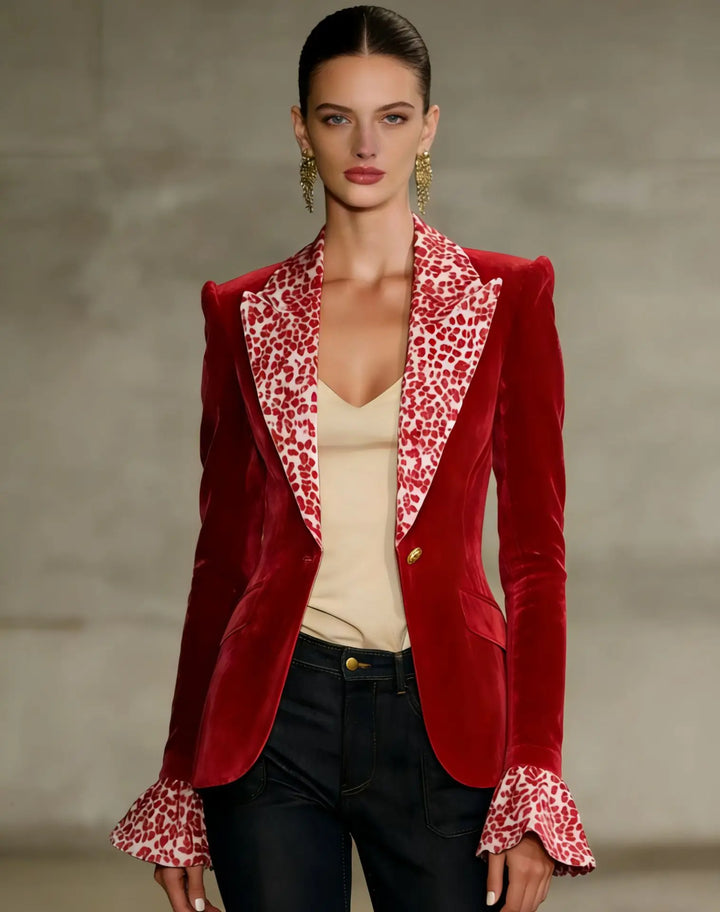 Red velvet blazer with leopard print lapel and flared cuffs, front view on model