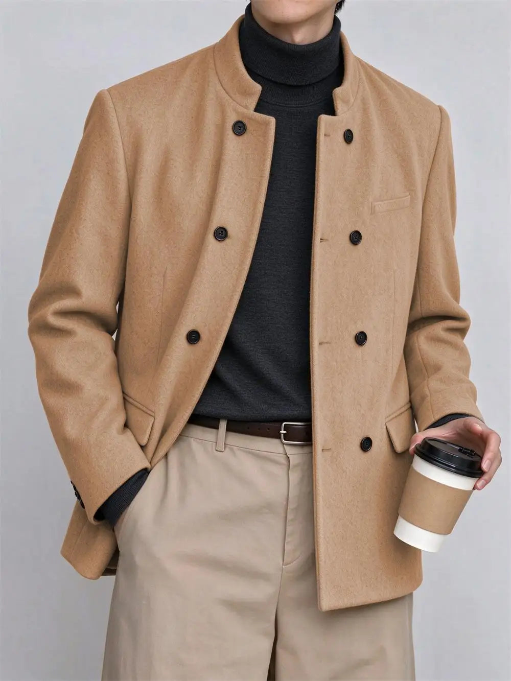 Man wearing camel mandarin collar coat holding coffee