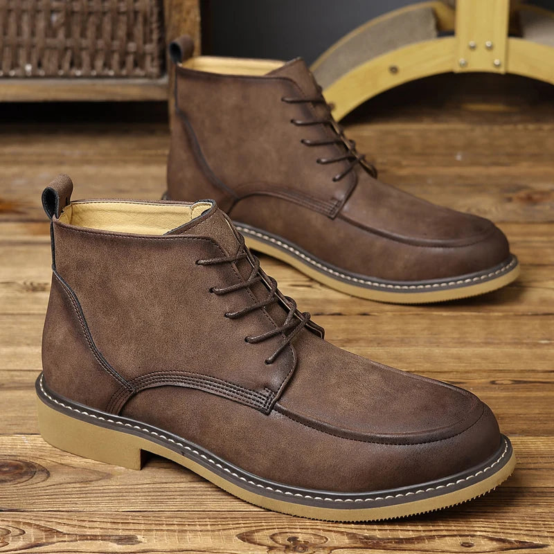 Brown chukka boots, side profile view