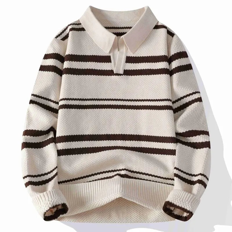 Beige and coffee striped knit polo sweater front view