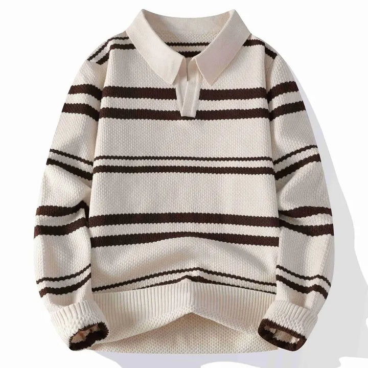 Beige and coffee striped knit polo sweater front view