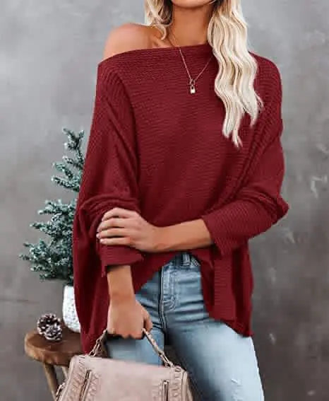 Wine red waffle knit off-shoulder sweater on model
