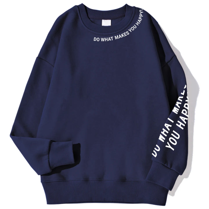 Navy blue sweatshirt flat lay with graphic text