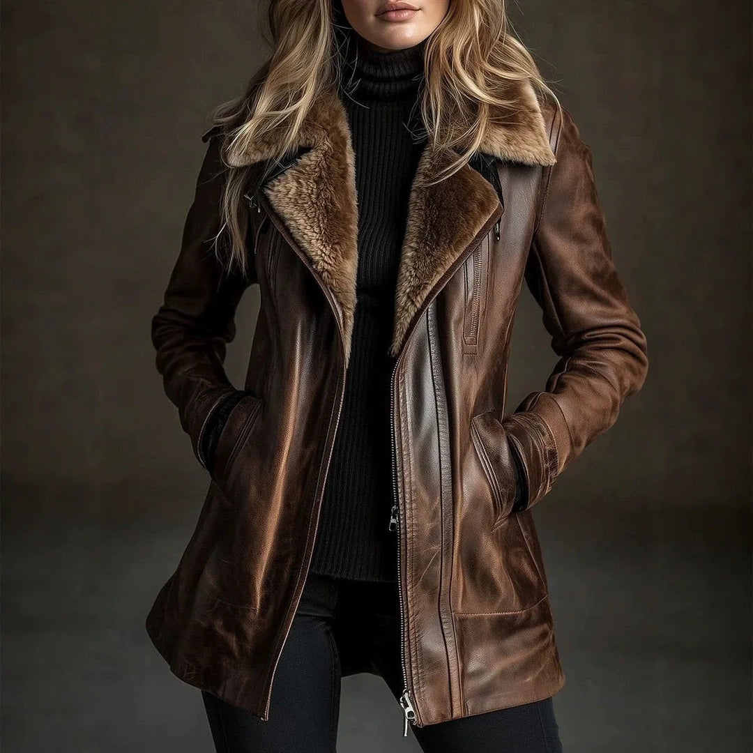 Woman wearing brown faux leather jacket with fur collar, front view