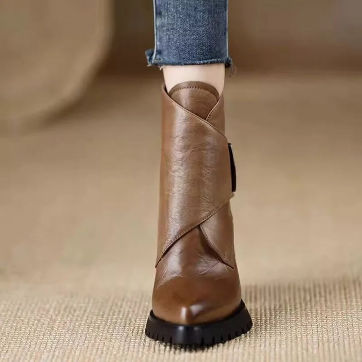 Khaki ankle boot front detail on model