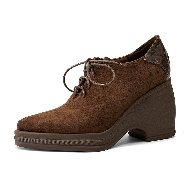 Brown suede lace-up wedge pump, side profile on white background