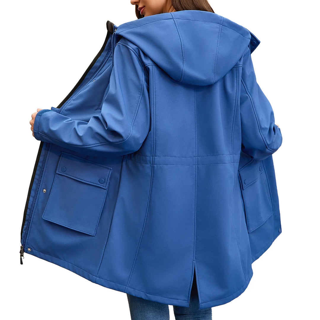 Blue rain jacket back view with hood and interior lining