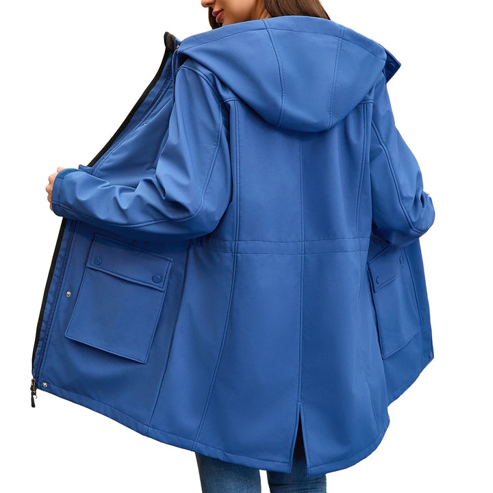 Blue rain jacket back view with hood and interior lining