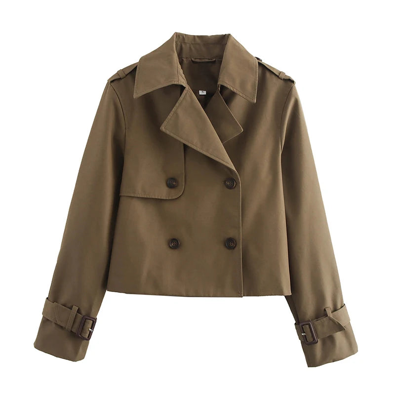 Olive brown cropped trench coat, front view