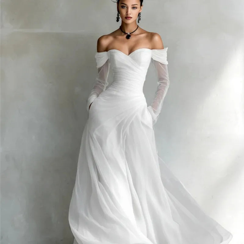 White off shoulder evening gown, front view